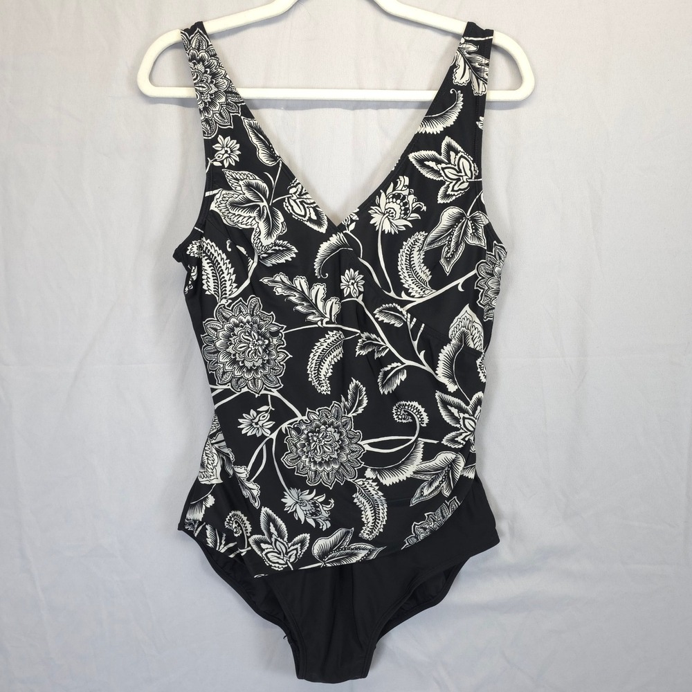 Jaclyn Smith One Piece Swimsuit Women 16 Black White Floral Tummy Control